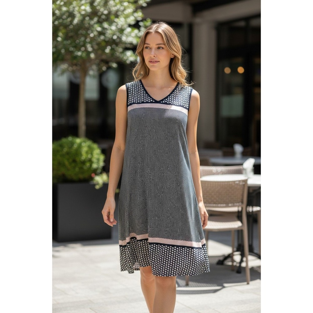 Max Studio Navy Blue White Polka‎ Dot Sleeveless Shift Dress Pink Accent Medium